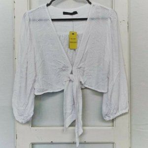 SPORTSGIRL White Broderie Embroidered Long Sleeve Tie Front Crop Top